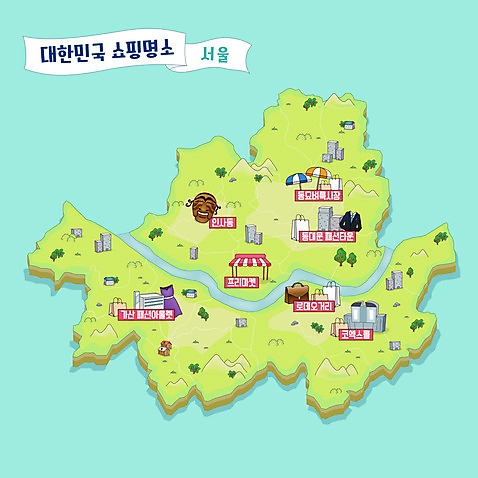 지도 일러스트 서울 한국 사람없음 연두색 쇼핑몰 지역 로데오 동대문시장 민트색 인사동 프리마켓 안내도 AI_파일형식 국내일러스트 아시아 컬러 초록색 시장 파일형식 벡터
