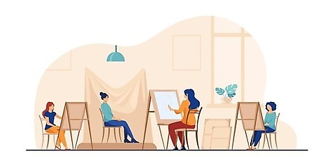 EPS 해외이미지 전신 모델 라이프스타일 여자 포즈 일러스트 미술 앉기 여러명 성인 연필 그리기 작업실 이젤 성인여자만 해외일러스트 다수 모션 문화예술 학용품 사람 생활 필기구 미술도구 여자만 성인만 파일형식 벡터