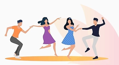 EPS 해외이미지 전신 라이프스타일 드레스 여자 남자 일러스트 여러명 성인 손잡기 춤 살사댄스 성인만 해외일러스트 옷 다수 모션 문화예술 사람 생활 파일형식 벡터