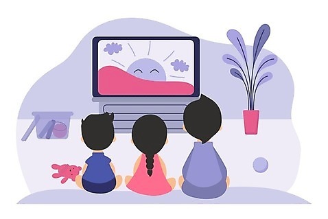 EPS 해외이미지 여자 남자 어린이라이프 화분 어린이 일러스트 앉기 소년 상반신 세명 보라색 텔레비전 곰인형 티비시청 애니메이션 어린이만 소녀_어린이 해외일러스트 라이프스타일 인형 컬러 모션 사람 전자제품 시청_보고들음 파일형식 벡터