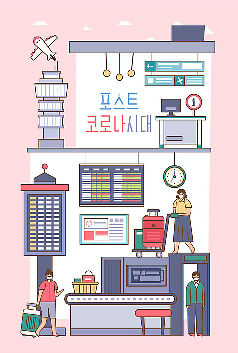 전신 여자 남자 시계 일러스트 비행기 안내 마스크 성인 세명 모니터 캐리어 공항 성인만 검색대 코로나바이러스 포스트코로나 델타변이바이러스 위드코로나 AI_파일형식 국내일러스트 항공교통 교통시설 대중교통 사람 컴퓨터 여행가방 바이러스 사회이슈 파일형식 벡터