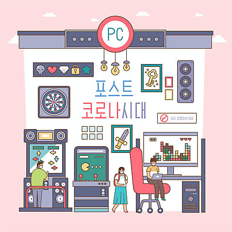 전신 학생 여자 남자 교복 액자 일러스트 청소년 마스크 서기 앉기 성인 세명 노트북 컴퓨터 모니터 스피커 게임 게임기 다트판 pc방 오락실 코로나바이러스 포스트코로나 델타변이바이러스 위드코로나 AI_파일형식 국내일러스트 옷 음향기기 모션 놀이 사람 전자제품 바이러스 사회이슈 다트 파일형식 벡터