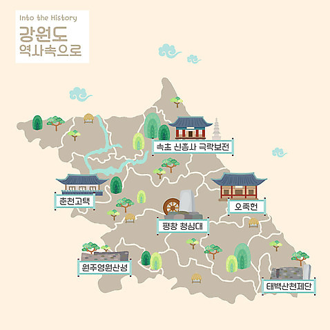 지도 일러스트 한옥 사람없음 문화재 역사 국보 원주 강원도 춘천 극락보전 산성 속초 신흥사 역사탐방 제단 평창 태백 고택 안내도 AI_파일형식 국내일러스트 한국전통 건축물 고건축 불교 한국 사찰 탐방 파일형식 벡터