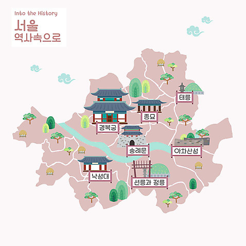 지도 일러스트 서울 한국 사람없음 문화재 역사 숭례문 국보 경복궁 산성 선릉 수도권 역사탐방 정릉 종묘 아차산 태릉_역사 안내도 AI_파일형식 국내일러스트 건축물 아시아 산 궁전 세계문화유산 지역 랜드마크 탐방 파일형식 벡터
