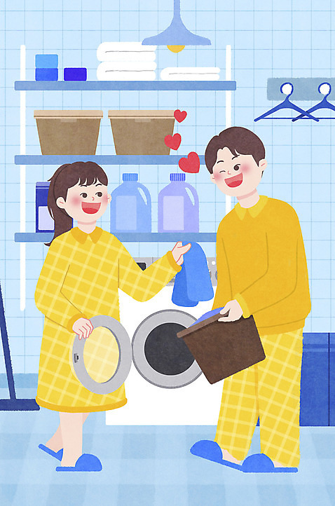 PSD 커플 여자 남자 하늘색 가사 데이트 일러스트 집안 들기 성인 두명 수건 하트 빨래 옷걸이 세탁기 세탁실 성인만 집콕 국내일러스트 모양 관계 모션 실내 사람 파란색 위생용품 가전제품 신조어 파일형식 앳홈라이프