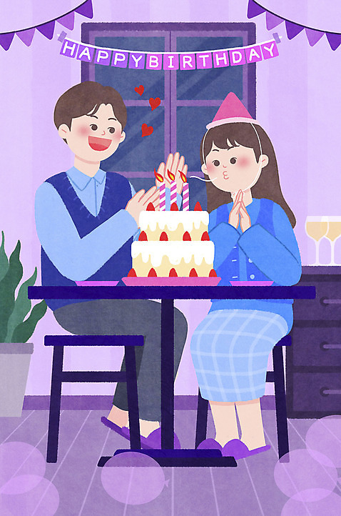 전신 PSD 커플 여자 남자 데이트 일러스트 초 집안 앉기 성인 두명 케이크 보라색 하트 생일파티 생일 불기 박수 생일축하 성인만 고깔_모자 집콕 국내일러스트 모양 모자_잡화 기념일 컬러 관계 모션 디저트 실내 사람 손짓 축하 신조어 파일형식 앳홈라이프