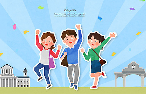 전신 PSD 여자 남자 대학생 일러스트 성인 세명 파란색 손들기 캠퍼스라이프 점프 파이팅 즐거움 대학교 손인사 꽃가루 성인만 국내일러스트 학생 라이프스타일 감정 컬러 학교 모션 사람 인사 가루 파일형식