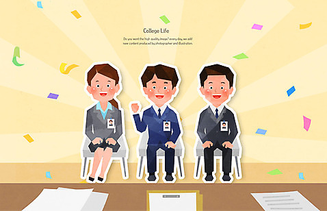 전신 PSD 여자 남자 대학생 의자 일러스트 앉기 정장 성인 세명 노란색 손들기 캠퍼스라이프 면접 대학교 취업준비생 꽃가루 인턴 성인만 국내일러스트 학생 라이프스타일 옷 컬러 가구 비즈니스 학교 모션 사람 구직 가루 파일형식