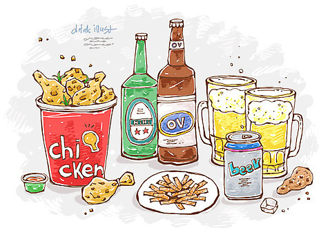 PSD 음료 선 음식 라인일러스트 일러스트 맥주 주류 병맥주 생맥주 사람없음 얼음 치킨 안주 캔맥주 치맥 국내일러스트 자연요소 캔 닭고기요리 파일형식