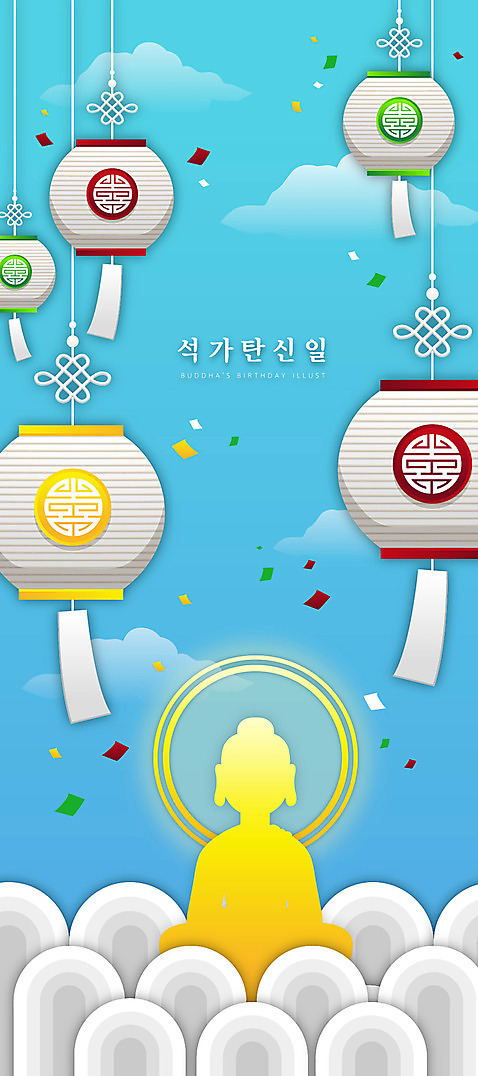 실루엣 불교 일러스트 하늘 사람없음 부처님오신날 부처 연등 꽃가루 전통등 AI_파일형식 국내일러스트 전통 기념일 종교 조명 촬영기법 등불 가루 불교용품 파일형식 벡터