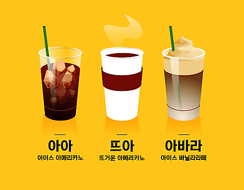 커피 일러스트 타이포그라피 사람없음 노란색 아메리카노 신조어 아이스아메리카노 테이크아웃컵 아바라 AI_파일형식 국내일러스트 문자 음료 컬러 컵 아이스커피 약어 파일형식 벡터 유행어