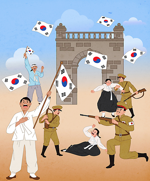 전신 여자 남자 일러스트 들기 여러명 성인 잡기 태극기 한복 위협 소총 독립문 독립운동 독립운동가 일본군 총쏘기 성인만 만세운동 일제강점기 AI_파일형식 국내일러스트 한국전통 다수 모션 사람 총 역사 국기 전통의상 파일형식 벡터