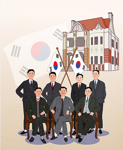 전신 남자 허리손 의자 일러스트 앉기 정장 여러명 성인 건물 태극기 독립운동 독립운동가 성인남자만 대한민국임시정부수립기념일 일제강점기 AI_파일형식 국내일러스트 건축물 옷 포즈 가구 다수 모션 사람 역사 국기 남자만 성인만 파일형식 벡터 법정기념일