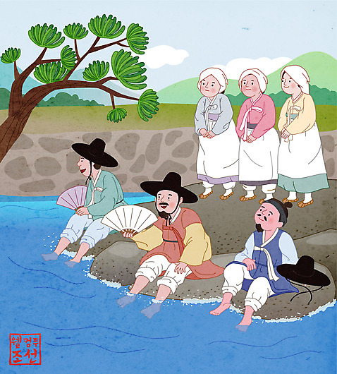 전신 라이프스타일 여자 남자 일러스트 서기 들기 앉기 여러명 소나무 부채 개울 한복 조선시대 양반 발담그기 선비 아낙네 하인 국내일러스트 AI파일 나무 한국전통 다수 모션 사람 생활 강 역사 전통의상 신분 파일형식 벡터