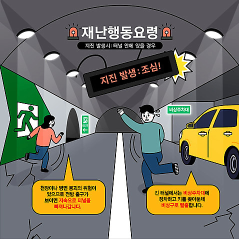 전신 여자 남자 일러스트 자동차 성인 두명 달리기 손들기 터널 주차 탈출 재해 전광판 비상구 긴급상황 대피 지진 터널속 매뉴얼 성인만 행동요령 AI_파일형식 국내일러스트 길 육상교통 컨셉 모션 안전 사람 긴급 자연재해 파일형식 벡터