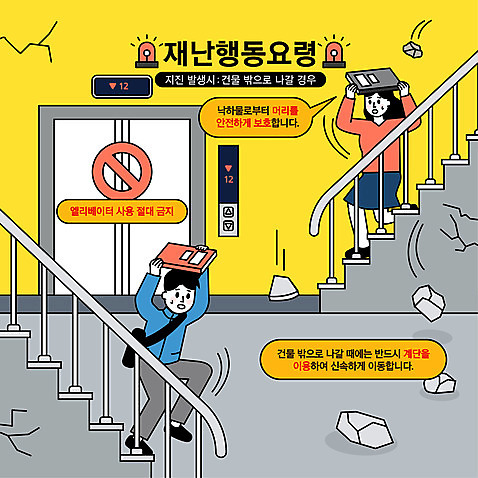 전신 여자 남자 일러스트 들기 성인 두명 책 계단 금지 돌_바위 떨어짐 엘리베이터 탈출 재해 붕괴 긴급상황 머리보호 지진 매뉴얼 성인만 행동요령 내려오기 AI_파일형식 국내일러스트 컨셉 모션 안전 사람 긴급 자연재해 파일형식 벡터