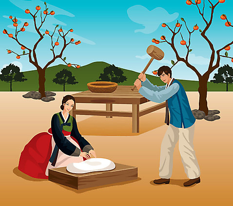 전신 나무 식물 한국문화 한국전통 전통 여자 명절 열매 남자 전통문화 문화 과일 일러스트 하늘 산 웃음 사람 성인 두명 바구니 전통의상 한복 감나무 방아 떡방아 성인만 AI_파일형식 구름_자연 미소_표정 국내일러스트 자연요소 동양문화 기념일 한국 표정 감 파일형식 벡터
