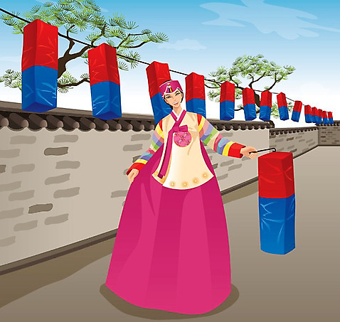전신 나무 식물 한국문화 한국전통 전통 여자 명절 전통문화 문화 일러스트 조명 한명 서기 웃음 사람 성인 담장 등불 전통의상 한복 청사초롱 전통등 여자만 여자한명만 성인여자만 성인만 AI_파일형식 미소_표정 국내일러스트 1 동양문화 기념일 모션 한국 표정 파일형식 벡터