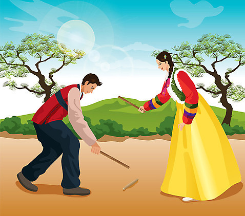 전신 나무 식물 한국문화 한국전통 전통 여자 명절 남자 전통문화 문화 일러스트 하늘 산 서기 웃음 사람 성인 두명 전통놀이 막대기 전통의상 한복 자치기 성인만 AI_파일형식 구름_자연 미소_표정 국내일러스트 자연요소 동양문화 기념일 모션 놀이 한국 표정 파일형식 벡터