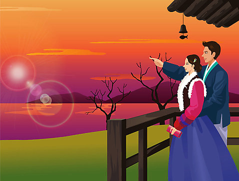나무 식물 한국문화 한국전통 전통 응시 여자 명절 남자 전통문화 문화 호수 일러스트 난간 하늘 산 손잡이 서기 웃음 사람 손짓 성인 두명 강 노을 일몰 검지손가락 종 가리킴 연못 전통의상 한복 성인만 AI_파일형식 구름_자연 미소_표정 국내일러스트 자연요소 동양문화 시선 기념일 손가락 모션 한국 표정 파일형식 벡터