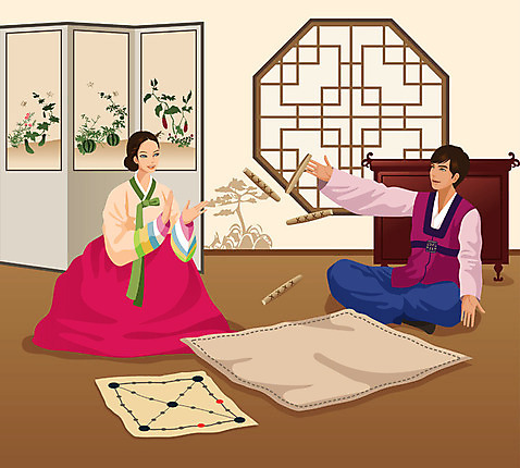 전신 한국문화 한국전통 전통 여자 명절 남자 전통문화 문화 일러스트 창문 웃음 사람 앉기 성인 두명 전통놀이 윷 윷놀이 전통의상 한복 병풍 윷판 성인만 AI_파일형식 미소_표정 국내일러스트 동양문화 기념일 모션 놀이 한국 표정 파일형식 벡터