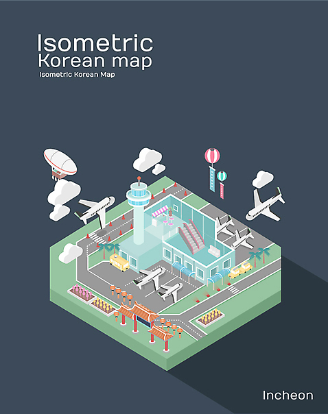 아시아 여행 항공교통 교통시설 대중교통 한국 관광지 파일형식 벡터 공항 인천 아이소메트릭 비행기 차이나타운 도시 특산물 백그라운드 지도 사람없음 일러스트 AI_파일형식 국내여행 국내일러스트
