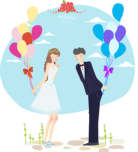 여자 남자 행복 신부_웨딩 웨딩드레스 포즈 신랑 결혼 일러스트 들기 사람 정장 턱시도 두명 축하 풍선 AI_파일형식 국내일러스트 드레스 옷 감정 컨셉 모션 이벤트 파일형식 벡터