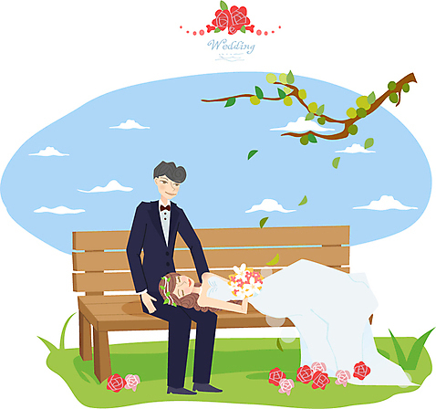 여자 남자 행복 신부_웨딩 웨딩드레스 신랑 결혼 벤치 의자 일러스트 휴식 사람 정장 턱시도 두명 눕기 축하 무릎베개 AI_파일형식 국내일러스트 드레스 옷 감정 가구 컨셉 모션 이벤트 파일형식 벡터