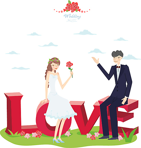 알파벳 영어 여자 남자 행복 신부_웨딩 웨딩드레스 신랑 결혼 일러스트 사랑 사람 정장 턱시도 두명 축하 AI_파일형식 국내일러스트 문자 드레스 옷 감정 컨셉 이벤트 파일형식 벡터