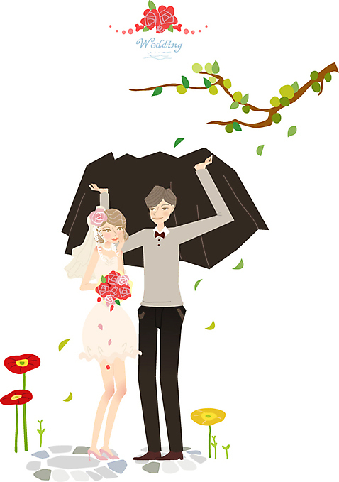 여자 남자 행복 신부_웨딩 웨딩드레스 신랑 결혼 일러스트 나뭇잎 사람 정장 턱시도 두명 재킷 축하 AI_파일형식 국내일러스트 드레스 옷 감정 컨셉 잎 이벤트 외투 파일형식 벡터