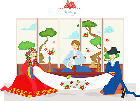 여자 남자 행복 신부_웨딩 신랑 결혼 일러스트 사람 세명 축하 한복 전통혼례 대추 폐백 AI_파일형식 국내일러스트 한국전통 감정 컨셉 이벤트 전통의상 전통의례 파일형식 벡터