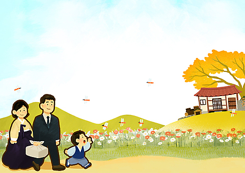 PSD 나무 식물 여자 명절 남자 꽃 아들 어린이 백그라운드 일러스트 가족 하늘 엄마 주택 사람 정장 성인 세명 추석 시골 아빠 한복 방문 고향 국내일러스트 한국전통 전통 옷 기념일 관계 건물 전통의상 파일형식