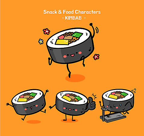 캐릭터 음식 일러스트 사람없음 운동 귀여움 엄지손가락 최고 분식 김밥 음식캐릭터 런닝머신 AI_파일형식 일러캐릭터 컨셉 손가락 건강 운동기구 파일형식 벡터