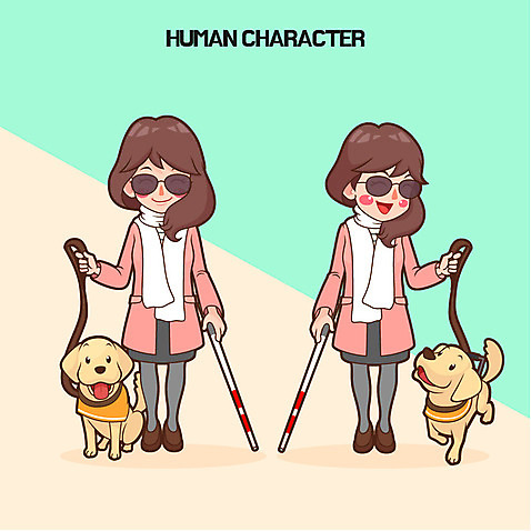 전신 여자 일러스트 지팡이 성인 두명 선글라스 강아지 시각장애인 안내견 AI_파일형식 국내일러스트 안경 사람 반려동물 개 장애인 파일형식 벡터