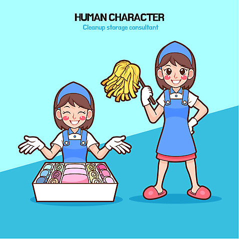 전신 여자 일러스트 성인 두명 앞치마 먼지떨이 청소 청소부 정리함 AI_파일형식 국내일러스트 직업 사람 청소도구 파일형식 벡터