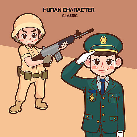 전신 남자 일러스트 성인 두명 군인 총 군복 경례 군인캐릭터 탄띠 AI_파일형식 일러캐릭터 직업 캐릭터 무기 유니폼 사람 인사 군용 국군 파일형식 벡터