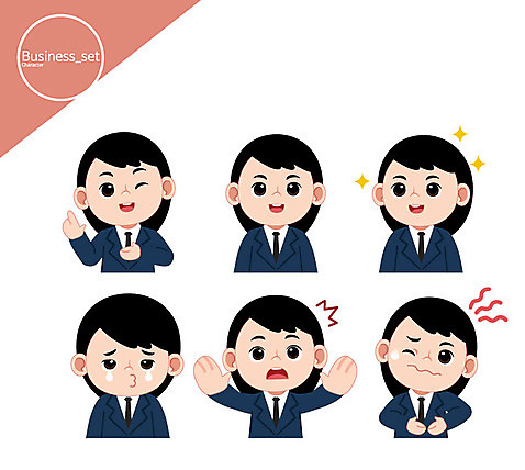 캐릭터 여자 일러스트 비즈니스 윙크 여러명 상반신 성인 비즈니스우먼 눈물 당황 복통 웃는입 AI_파일형식 일러캐릭터 감정 다수 표정 미소 사람 직장인 입 질병 파일형식 벡터