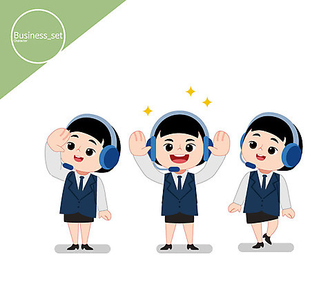 캐릭터 여자 일러스트 비즈니스 성인 세명 손들기 헤드셋 비즈니스우먼 상담원 텔레마케팅 AI_파일형식 일러캐릭터 음향기기 모션 사람 헤드폰 직장인 사무원 서비스업 파일형식 벡터