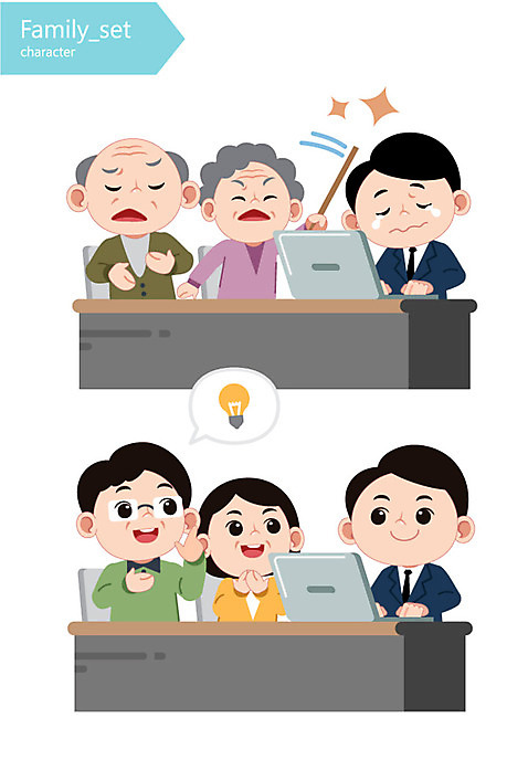 캐릭터 여자 노년 남자 일러스트 가족 여러명 성인 노트북 꾸지람 책상 전구모양 AI_파일형식 일러캐릭터 모양 가구 다수 전구 관계 사람 전자제품 체벌 파일형식 벡터