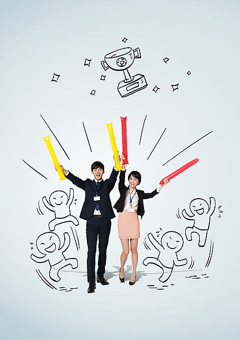 전신 여자 남자 응원 포토일러 사람모양 서기 20대 성인 두명 한국인 비즈니스맨 비즈니스우먼 트로피 막대풍선 월드싸커 AI_파일형식 이미지편집 모양 편집이미지 스포츠 비즈니스 모션 사람 동양인 청년 응원용품 직장인 상_우승 풍선 파일형식 벡터
