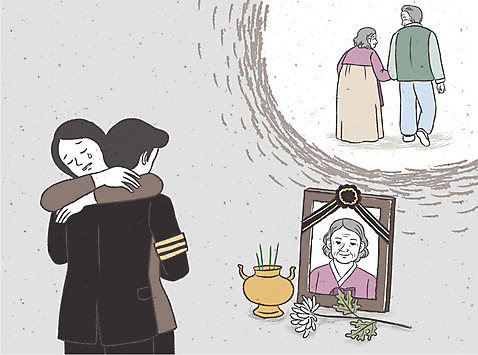 여자 노년 남자 일러스트 안기 국화 여러명 성인 슬픔 한복 눈물 위로 장례 상복 영정사진 장례식 조문 조문객 AI_파일형식 국내일러스트 한국전통 꽃 감정 다수 모션 사람 전통의상 파일형식 벡터