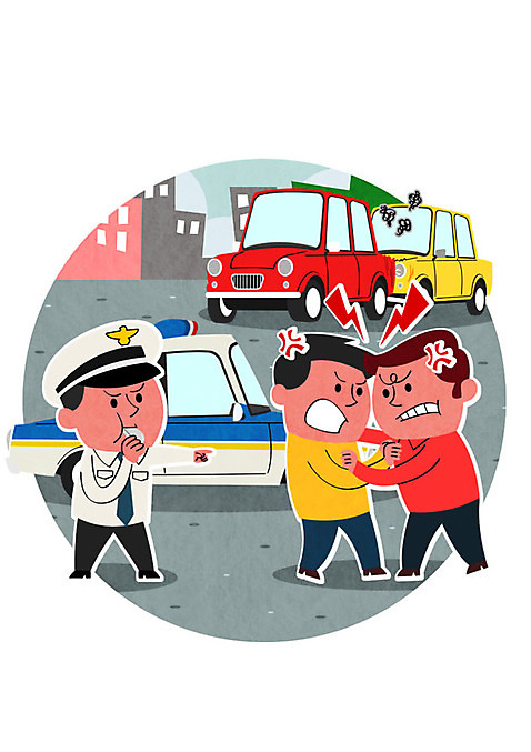 PSD 남자 도로 일러스트 자동차 성인 세명 운전 운전사 경찰 호루라기 교통사고 싸움 교통안전 경찰복 경찰차 국내일러스트 직업 길 육상교통 유니폼 교통시설 모션 안전 사람 사건 파일형식