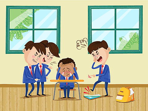전신 남자 교복 흑인 가방 일러스트 교실 중학생 고등학생 어깨동무 고등학교 서기 여러명 책 좌절 무서움 눈물 책상 밟기 중학교 웅크림 따돌림 왕따 욕설 인종차별 학교폭력 AI_파일형식 국내일러스트 서양인 학생 잡화 옷 교육 감정 포즈 가구 다수 컨셉 학교 모션 청소년 사람 폭력 차별 파일형식 벡터